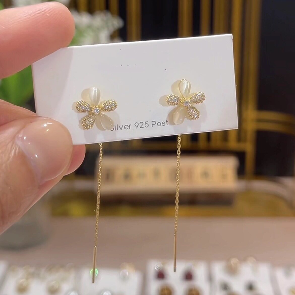 日系coss kokos925银花朵耳线女新款潮气质百搭小众设计感流苏