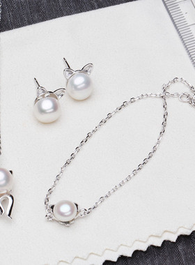 日系coss kokos925银diy可爱萌猫咪淡水珍珠吊坠项链 配件三件套