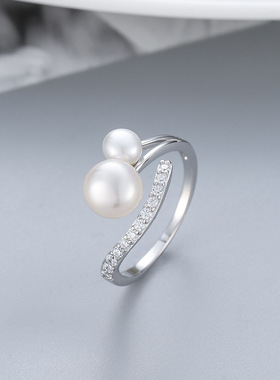 日系coss koko欧美s925银淡水珍珠戒指可调节时尚简约镶钻指环