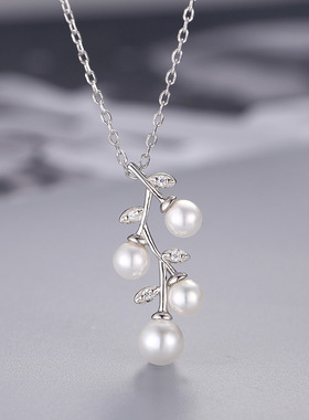 日系coss kokos925银新款简约树叶项链女珍珠叶子吊坠diy空托