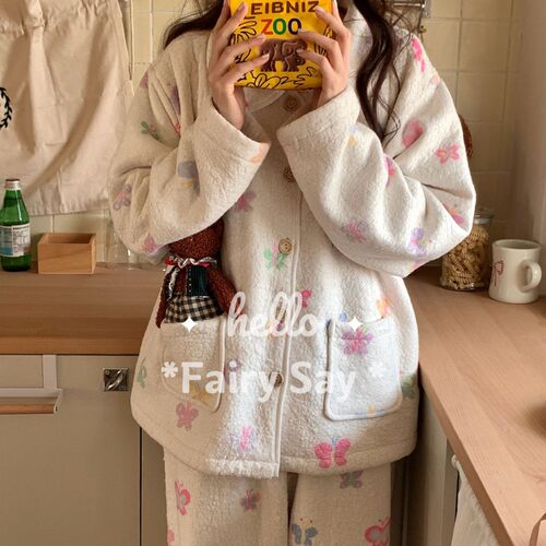 法国gentle motto羊羔绒睡衣女秋冬季新款加厚保暖甜美少女家居服