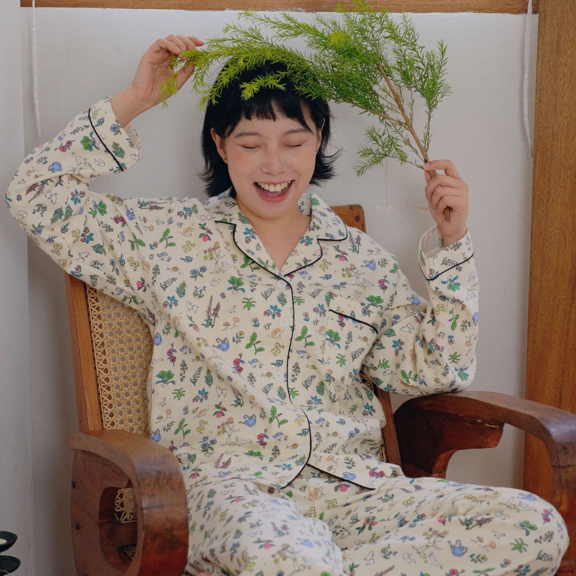 日系cherrykoko新款森系田园风棉磨毛睡衣女秋冬长袖长裤家居服