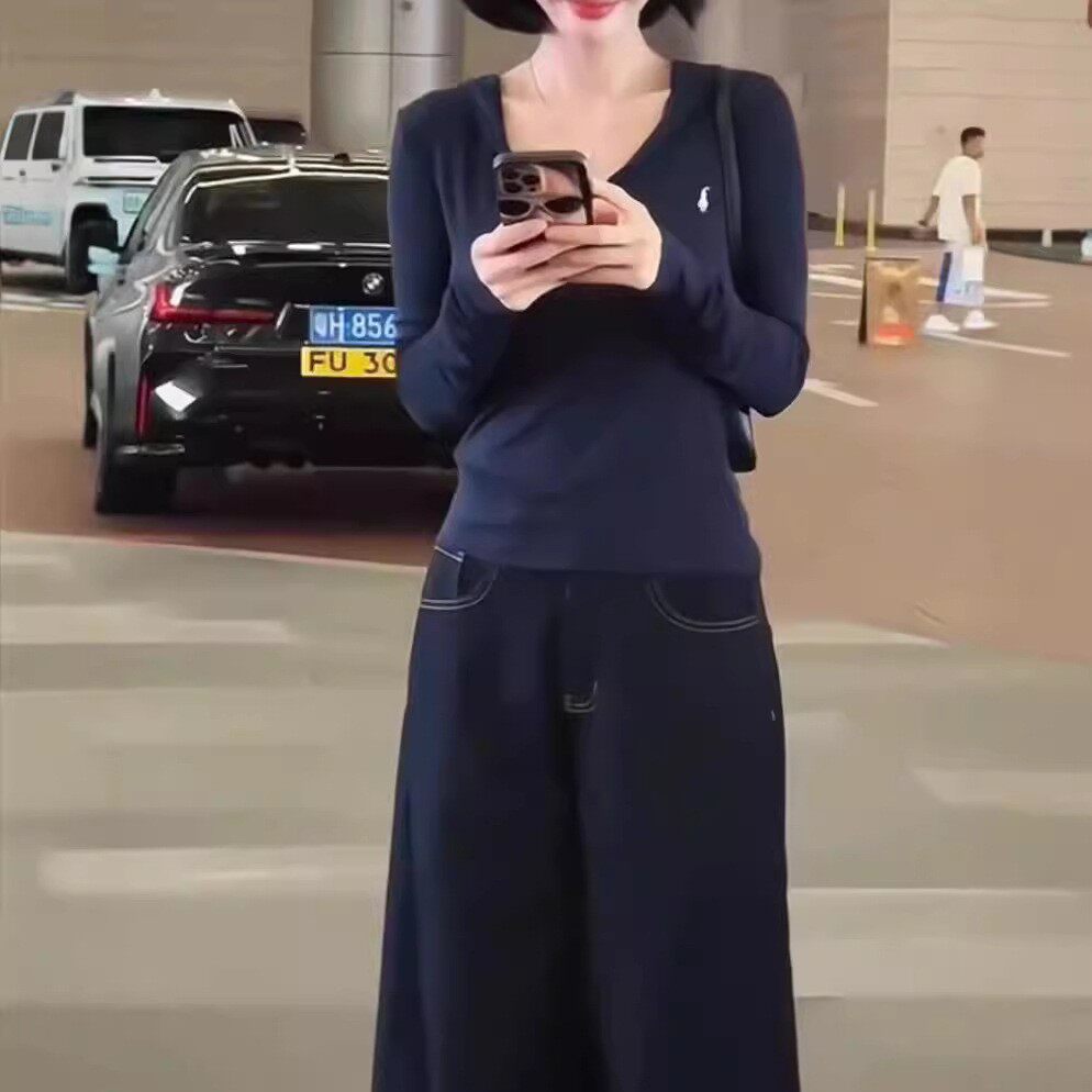 日系coss koko秋季新款v领连帽长袖t恤高腰直筒裤女潮