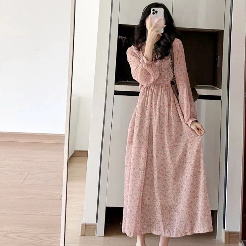 日系cherrykoko年早春女装法式高级感显瘦长裙绝美仙女粉色碎花