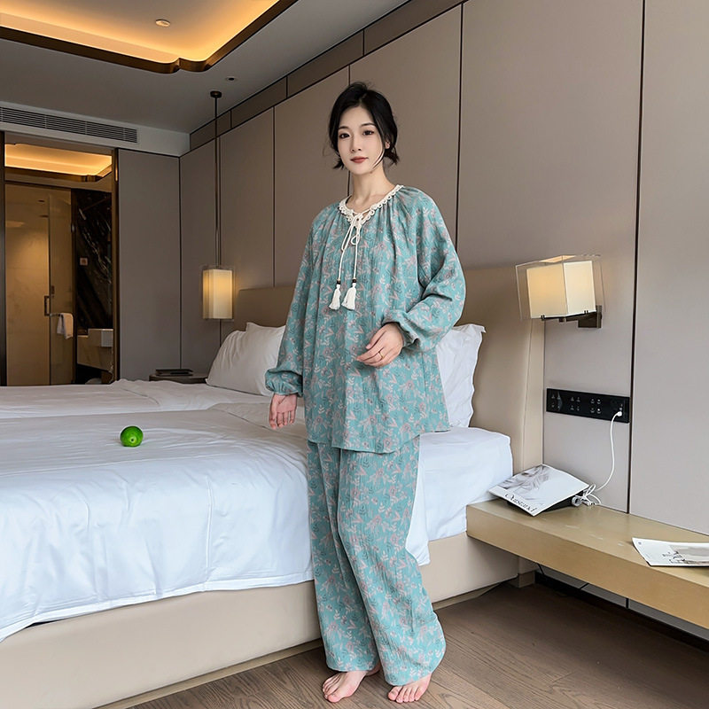 日系cherrykoko棉新中式睡衣舒适加大加肥甜美淑女风大码可外穿