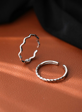 日系coss kokos925银拉丝波浪戒指女冷淡风食指环小众设计时尚