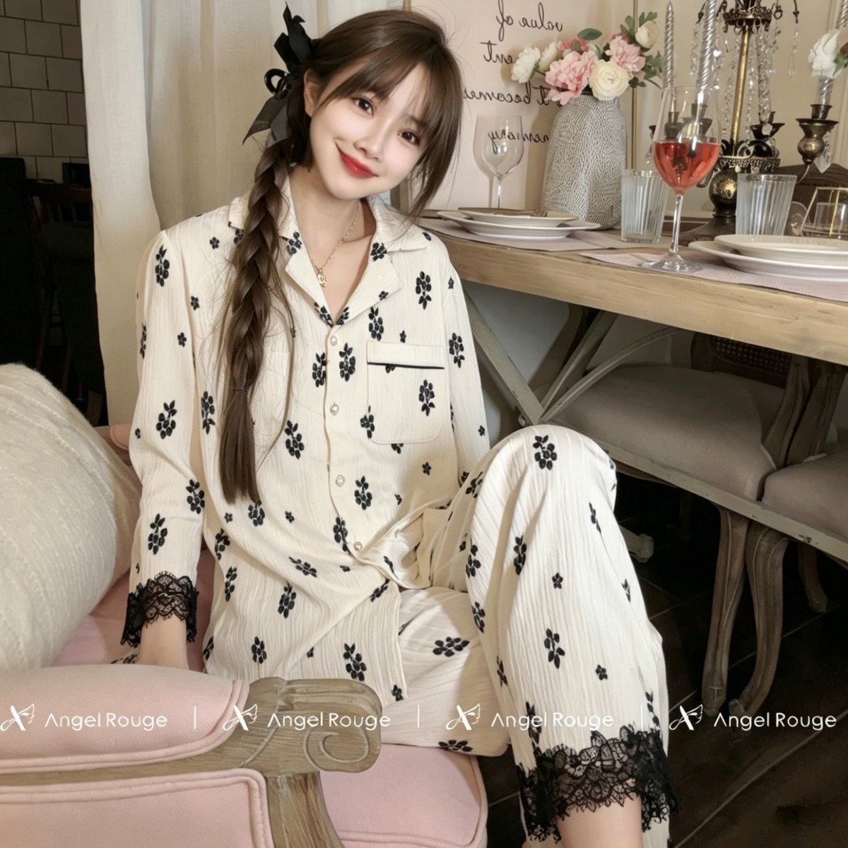 日系cherrykoko天使觅睡衣86622 保暖丽丝绒时尚蕾丝拼接冬