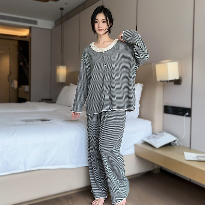 日系CherryKoko长袖可外穿家居服套装秋冬条纹加大加肥圆领蕾丝
