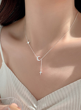 日系coss kokos925银磨砂月亮项链女星星吊坠轻奢锁骨链简约小众