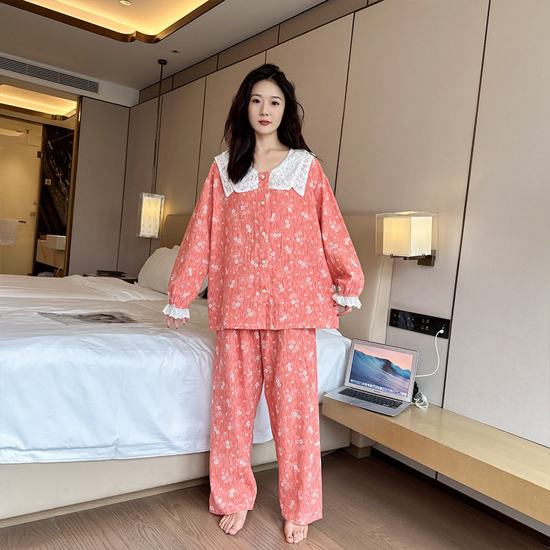 日系cherrykoko秋冬女士大码睡衣蕾丝甜美可外穿家居服舒适保暖