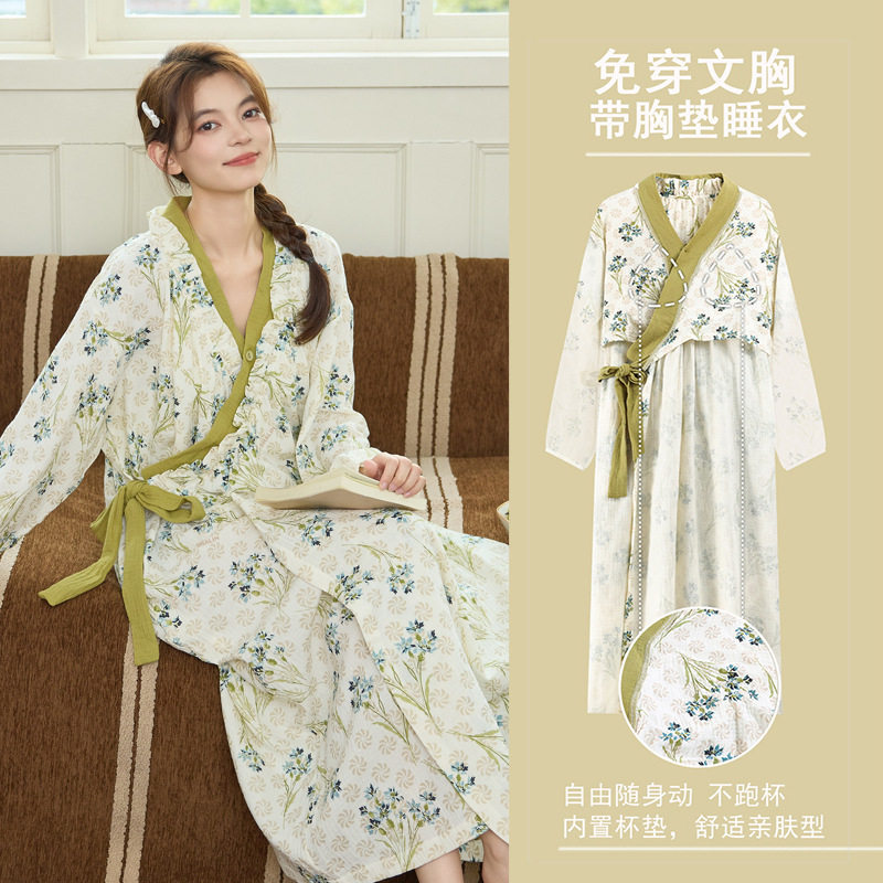 法国Gentle Motto云朵棉系带睡裙女秋季甜美风长袖睡袍和服中长款