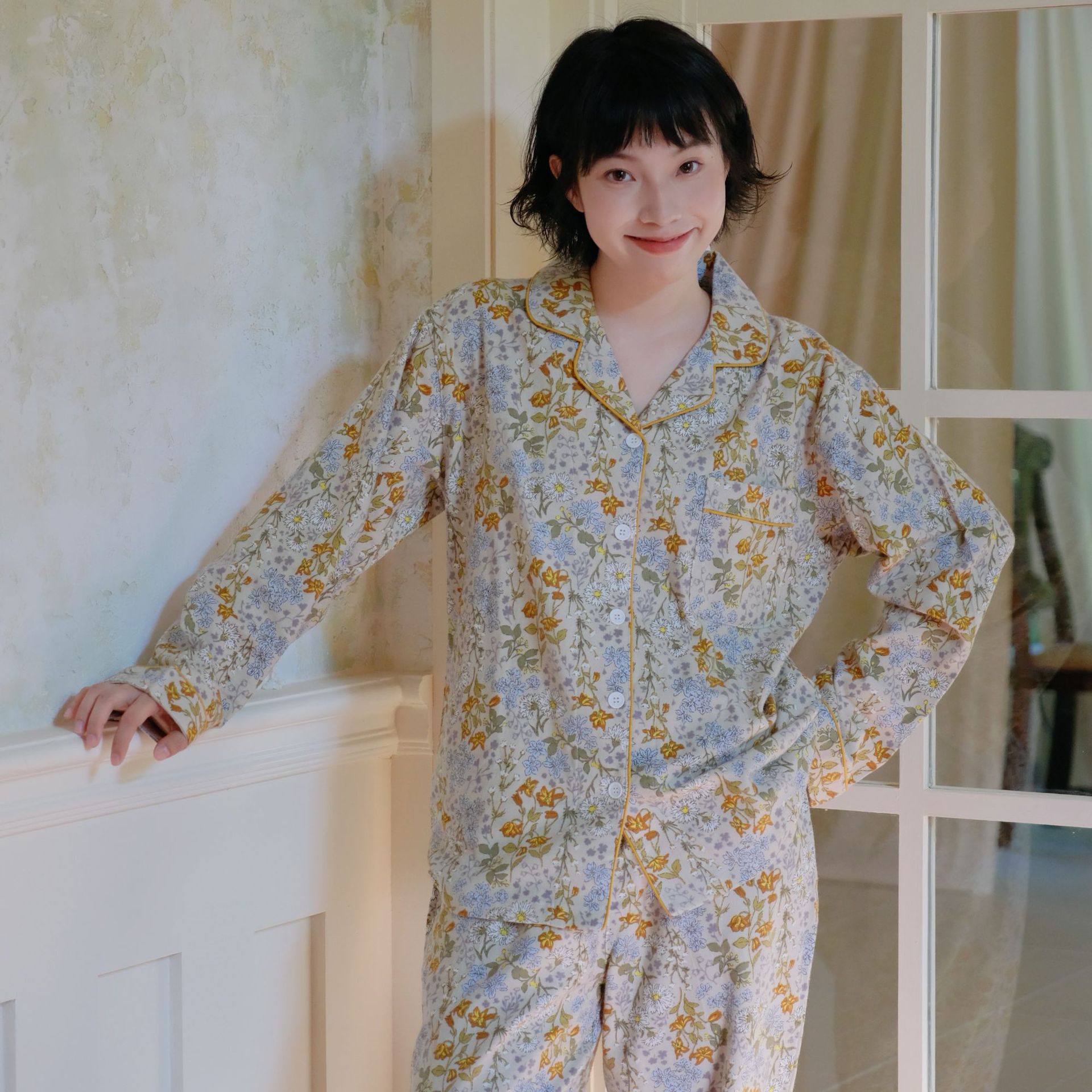 日系cherrykoko高级感双面磨毛秋冬棉睡衣女长袖家居服套装女士
