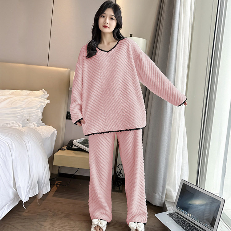 日系CherryKoko秋冬新款加大加肥大码女士睡衣家居服亲肤套装保暖