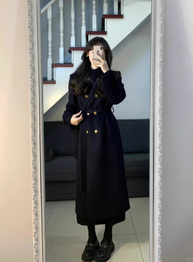 日本george melis新中长款呢子大衣女秋冬季加厚高级感黑色毛呢