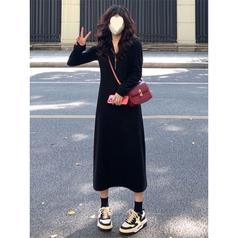 日系cherrykoko黑色连帽长袖卫衣连衣裙女装秋季休闲收腰显瘦内