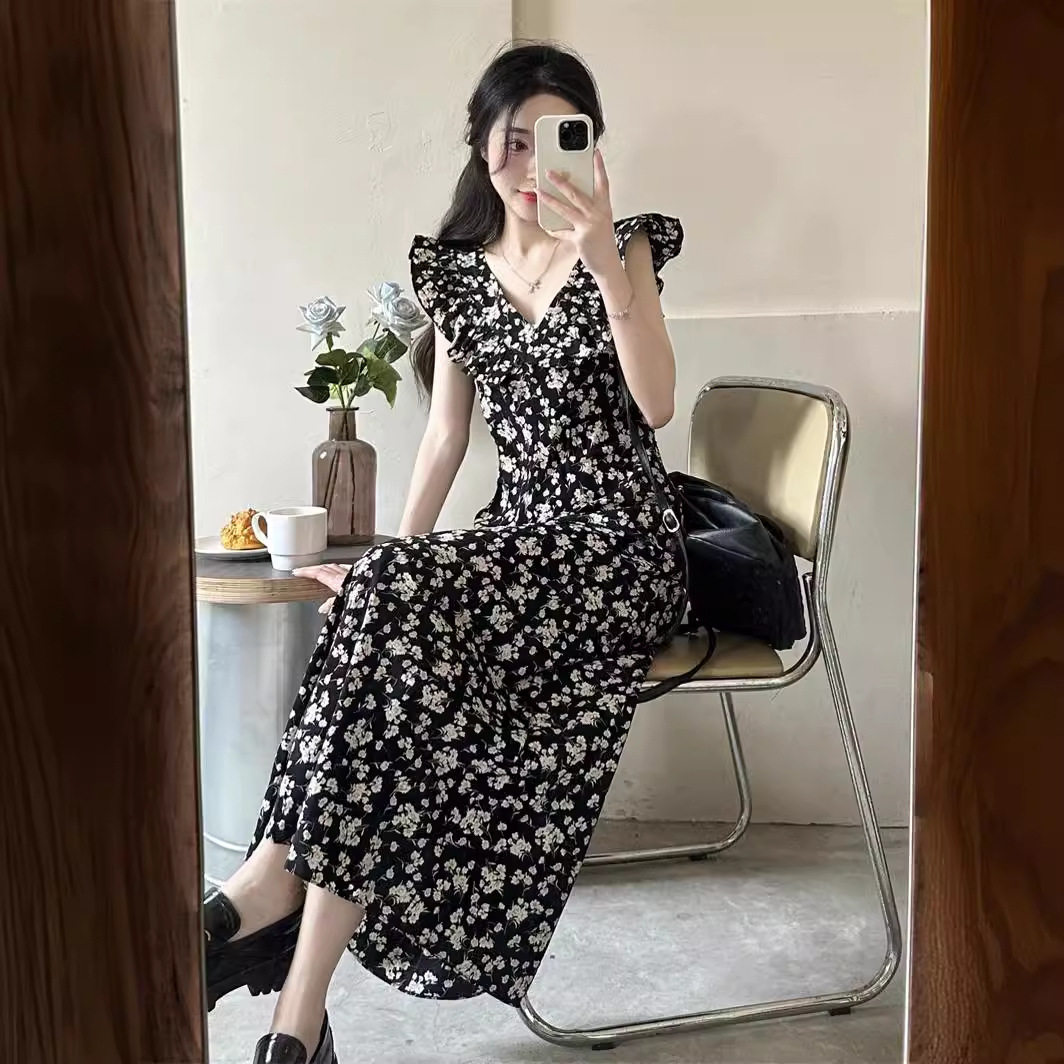 英国CherryKoko法式方领小飞袖连衣裙女夏气质碎花裙子高级感