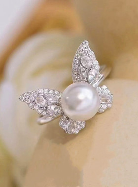 日系coss kokos925银珍珠戒指女时尚通勤轻奢气质蝴蝶指环空托