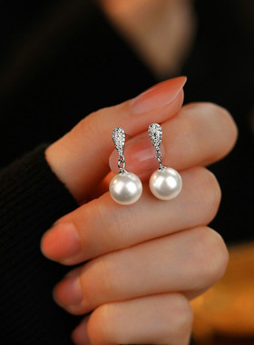 日系coss kokos925银水滴珍珠耳钉女小众设计高级感镶锆耳坠复古