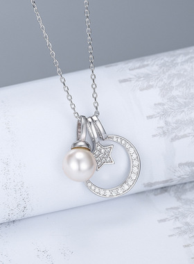 日系coss kokos925银日月星辰珍珠项链多种戴法星星月亮吊坠微镶