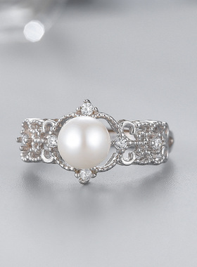 日系coss koko欧美新款淡水珍珠开口戒指925银时尚指环diy空托