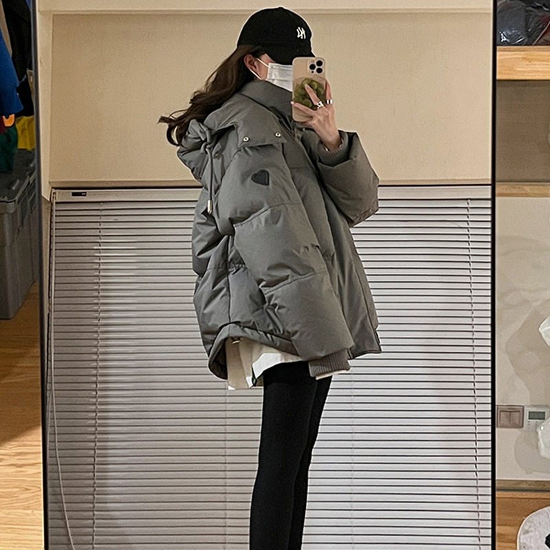 日系cherrykoko灰色爱心短款棉服24年男女情侣加厚小众设计感