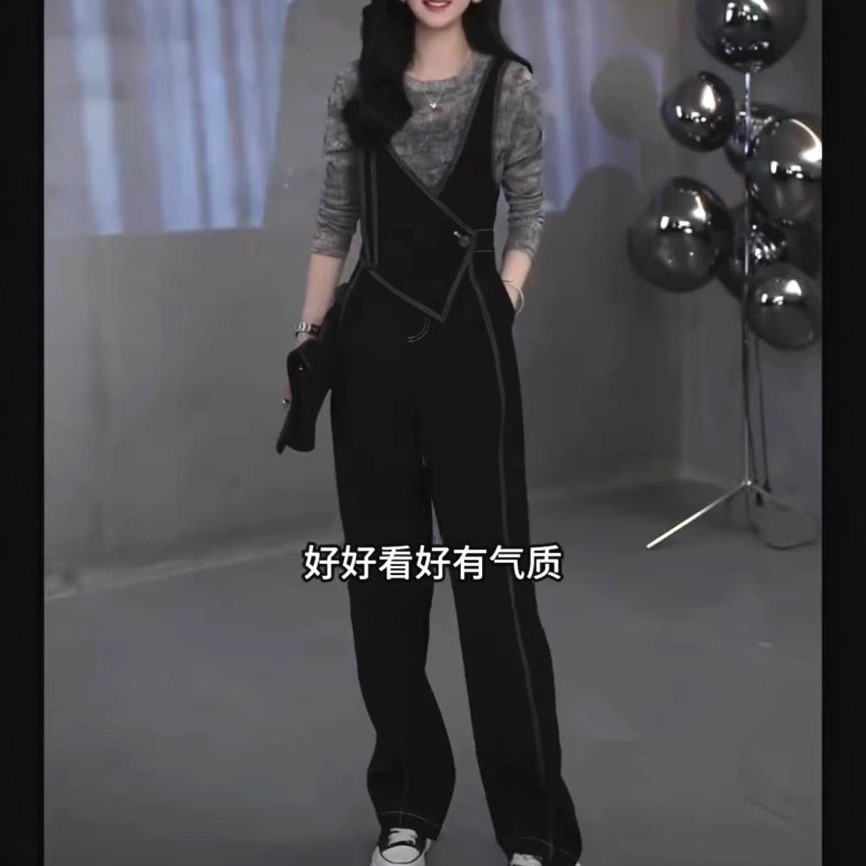 日系coss koko春季新长袖修身上衣设计感显瘦背带裤洋气女
