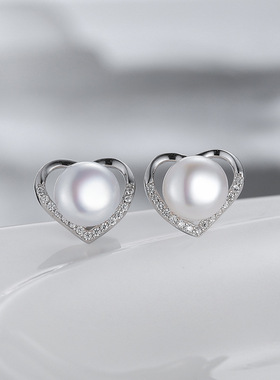 日系coss kokos925银时尚爱心耳钉 淡水珍珠镂空心形耳环diy