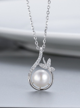 日系coss koko新款s925银叶子珍珠吊坠微镶锆石水滴形项链diy