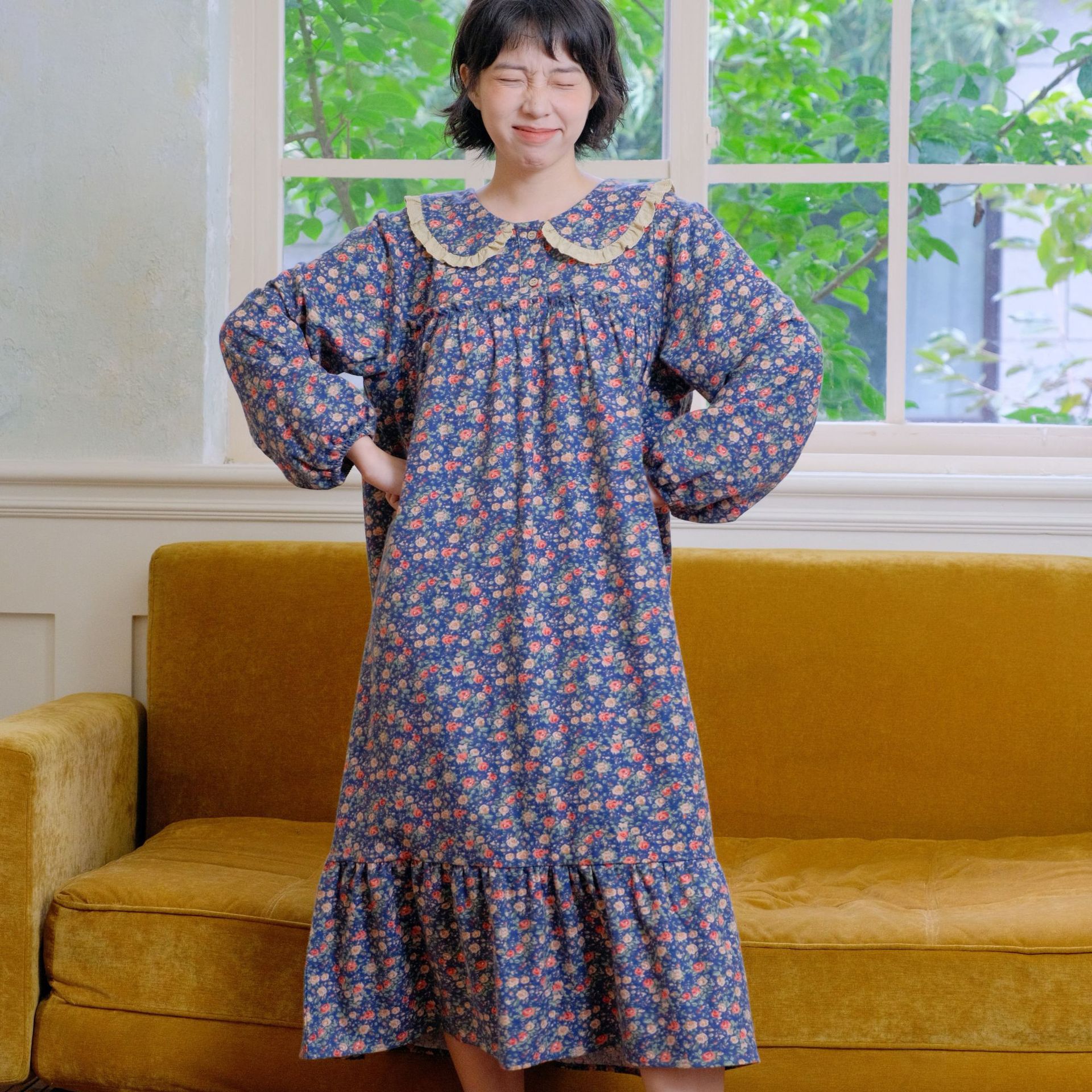 日系cherrykoko小碎花森系棉睡裙女秋冬款长款睡衣裙全棉家居服