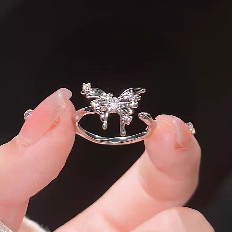 日系coss kokos925银蝴蝶戒指镶钻锆石开口戒小众轻奢简约时尚