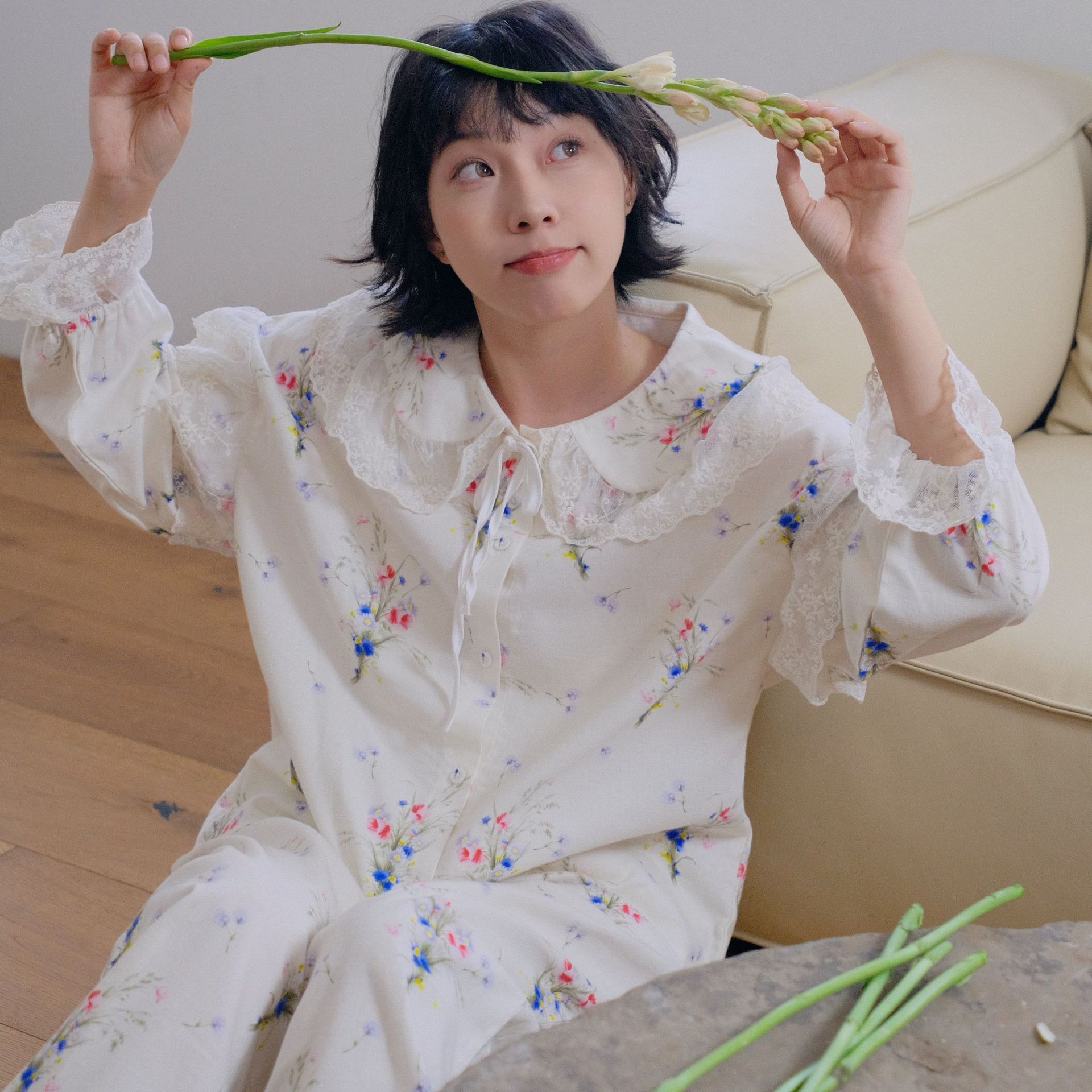 日系cherrykoko法式甜美蕾丝棉睡衣女款全棉家居服秋冬保暖磨毛