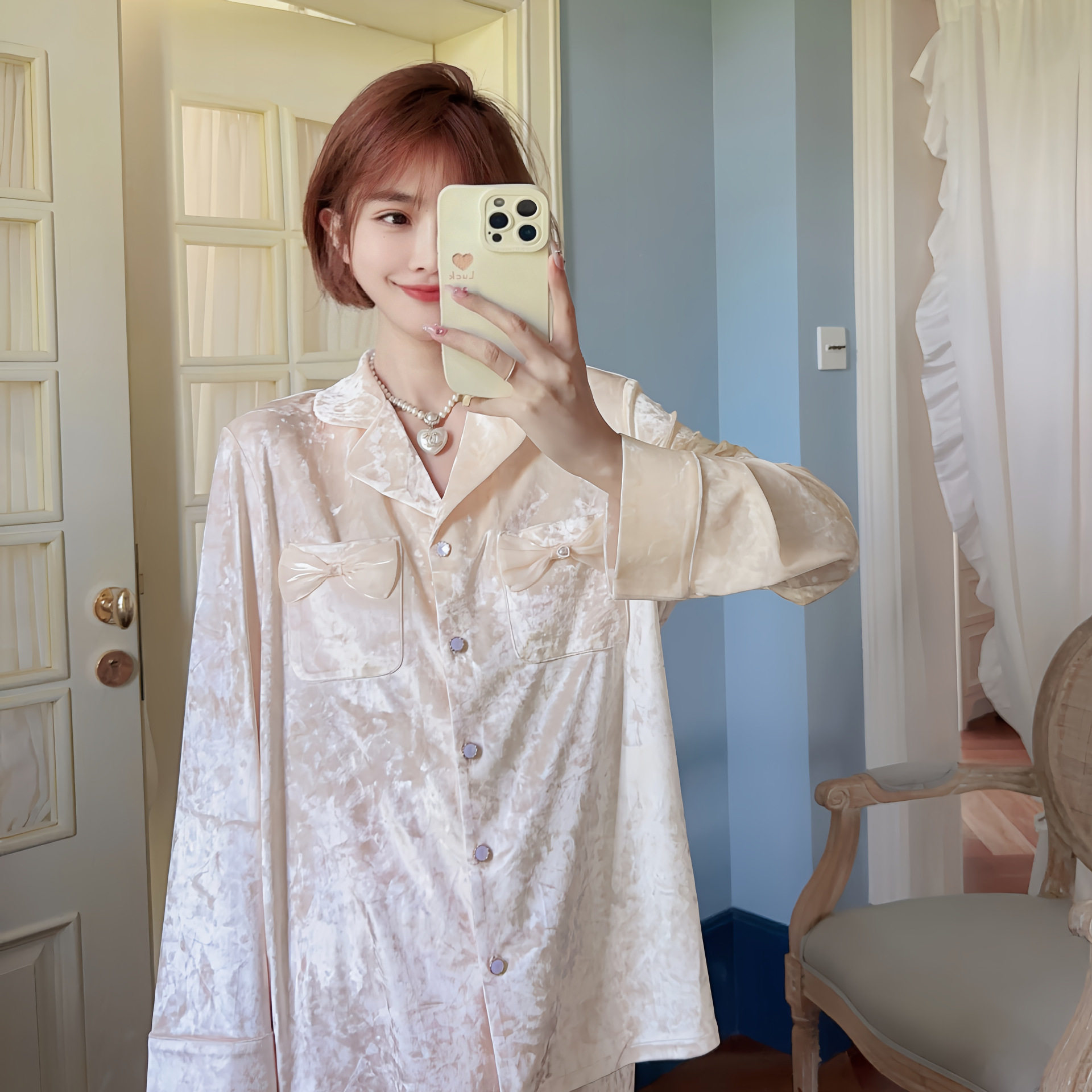 日系cherrykoko天使觅睡衣80090 秋冬长袖金丝绒睡衣女可爱蝴蝶结