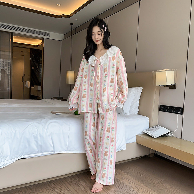 日系cherrykoko棉大码睡衣娃娃领小熊印花长袖加大加肥可外穿女士
