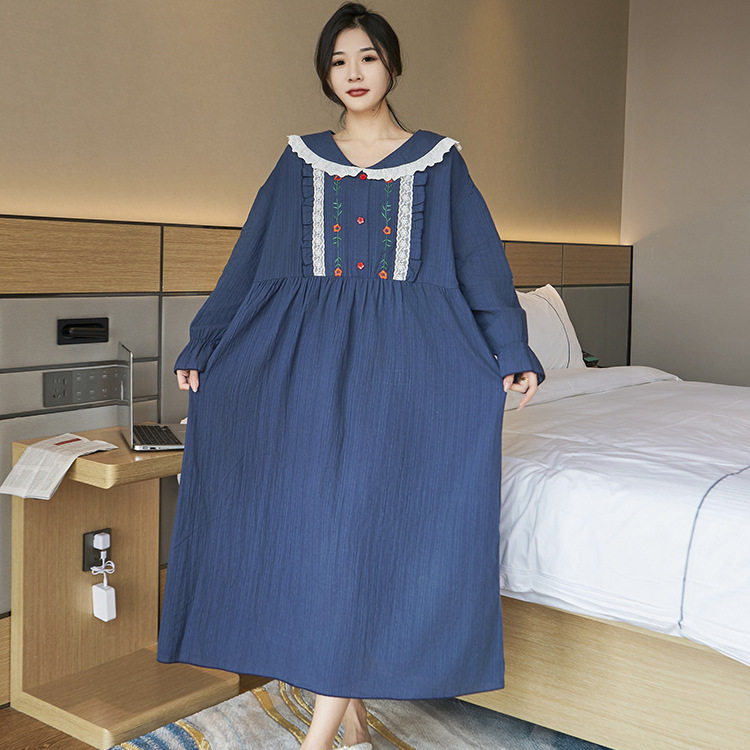 日系cherrykoko秋季新款大码睡衣女士加大加肥家居服刺绣长袖宽松
