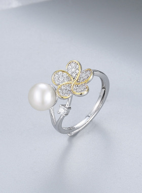 日系coss koko欧美新款分色花朵珍珠戒指s925银指环可调节diy