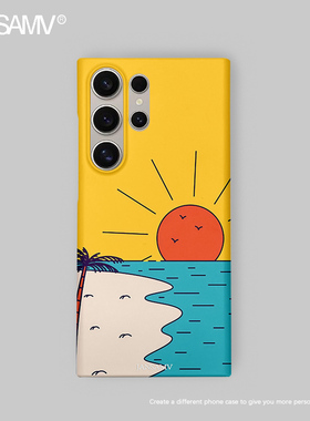 海边插画适用三星S25ultra手机壳红色s24/s23/s22note20ultra半包硬壳韩国涂层菲林个性创意新款