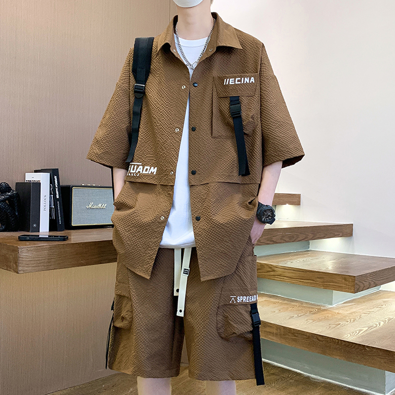 五分袖衬衫套装男夏季短袖短裤两件套男装衬衣休闲穿搭一整套衣服