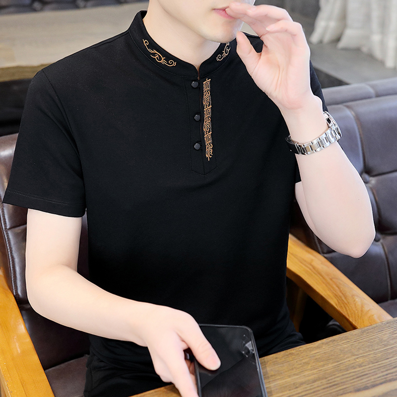 亚麻t恤男士短袖夏季薄款国潮休闲刺绣立领polo衫男装半袖上衣服