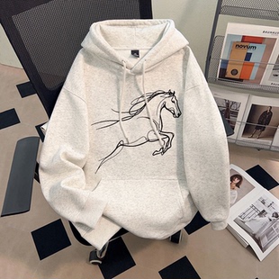 纯棉卫衣男加绒国风马年黑线条骏马元素秋冬季宽松休闲百搭上衣