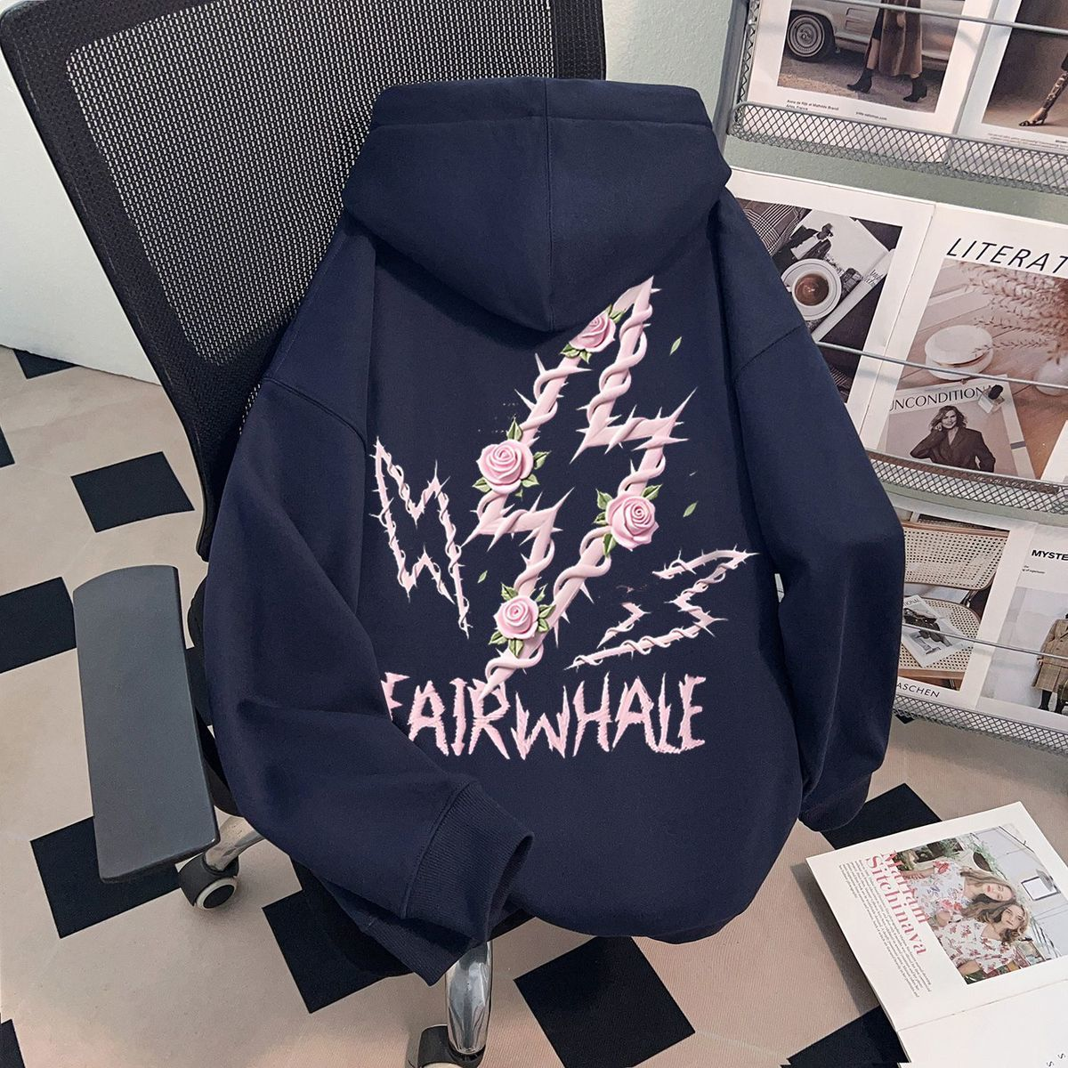 纯棉卫衣男加绒美式复古甜酷带刺玫瑰闪电印花加绒加厚秋冬季外套