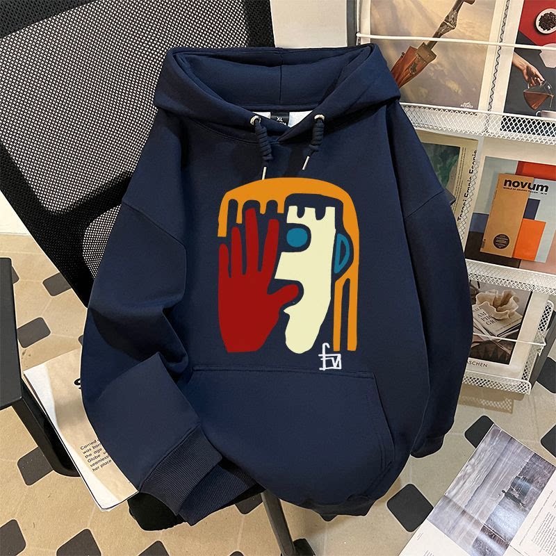 纯棉卫衣男加绒时尚通勤美式加绒加厚秋冬流行创意人脸印花中性