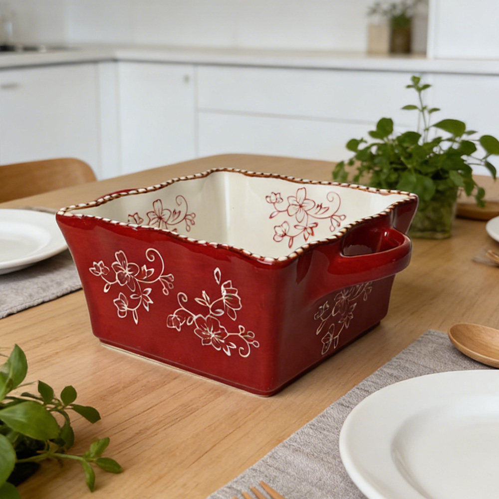 美式陶瓷浮雕双耳四方红花藤家用烘焙烤碗水果方形花边汤碗带把手,餐饮具,碗,淘宝优惠券,粉丝福利购,淘宝优惠卷