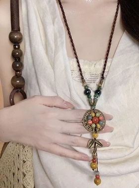 民族风树叶吊坠长款项链女