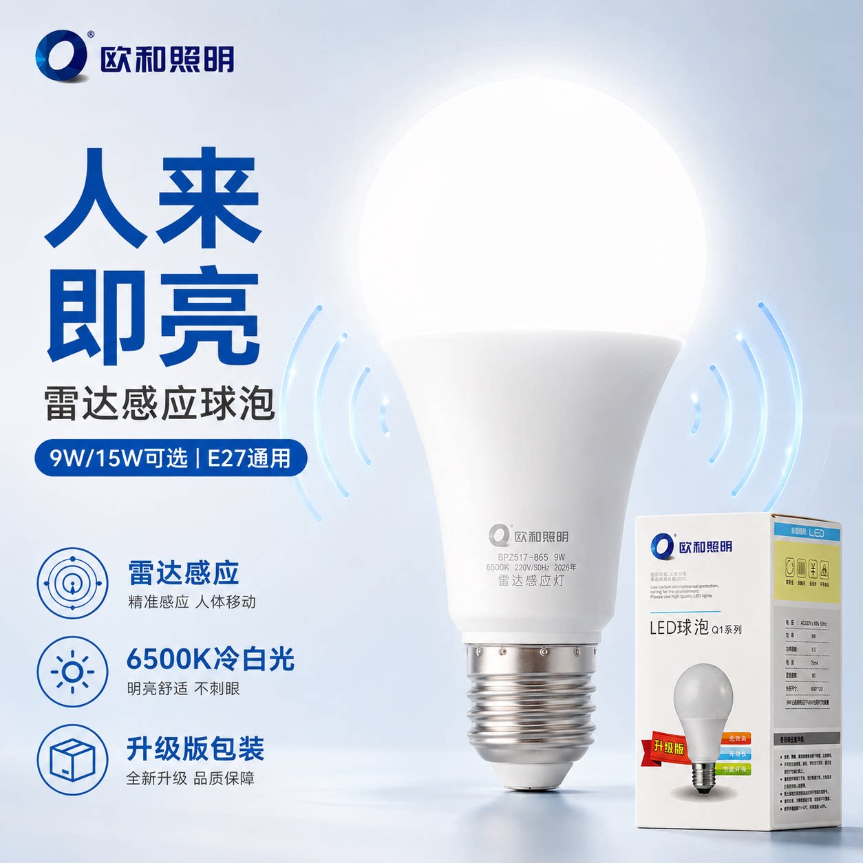 欧和照明LED人体雷达感应灯泡E27楼梯过道走廊节能微波红外球泡灯