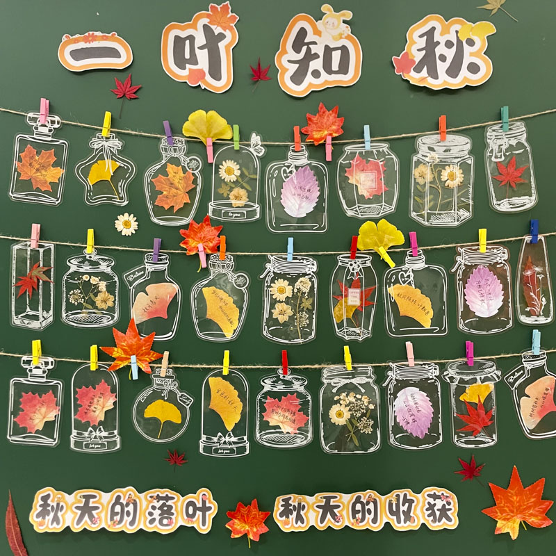 创意透明瓶子里的春秋天DIY树叶书签膜手工材料包幼儿园植物儿童自制小学生花草标本拾秋防水心愿塑封膜贴纸