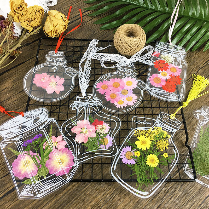 自制透明干花书签DIY塑料瓶子幼儿园压花朵鲜花儿童小学生春天来了