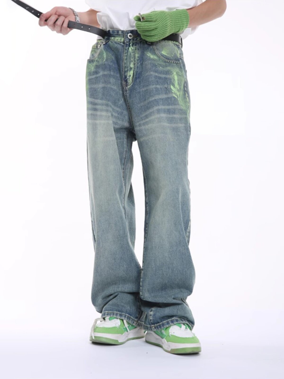 VOGUO RELAY NICHE DESIGN PAINTED DIRTY PANTS KOREAN STREETWEAR LOOSE STRAIGHT-LEG GRAFFITI JEANS