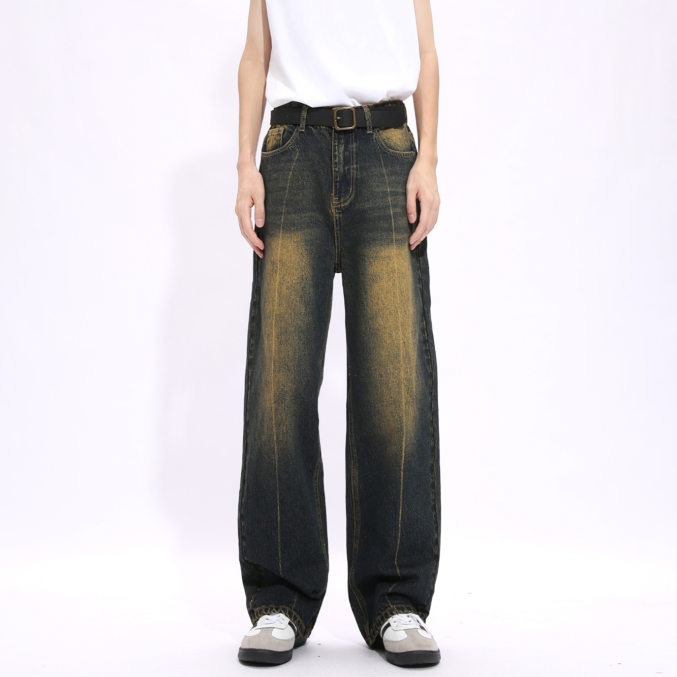 Voguo Relay 复古旧时代蓝水洗牛仔裤韩版中腰设计中线直筒裤男女