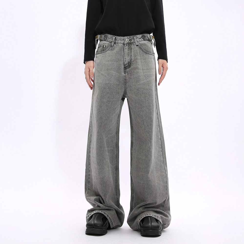 阔腿长款垂感灰色牛仔裤