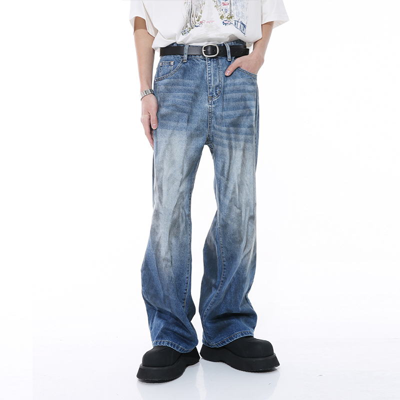 拉链长款四季褶皱设计牛仔裤